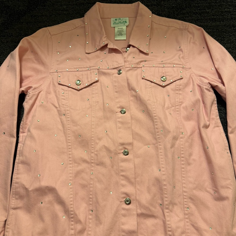 Quacker Factory Pink Rhinestone Studded Jean Jacket Classic Denim Size M Vintage - Picture 2 of 9